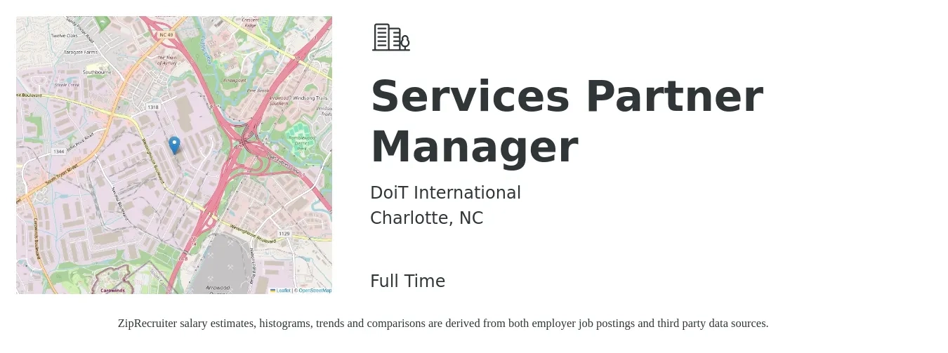 DoiT International job posting for a Services Partner Manager in Charlotte, NC with a salary of $48,800 to $81,100 Yearly with a map of Charlotte location.