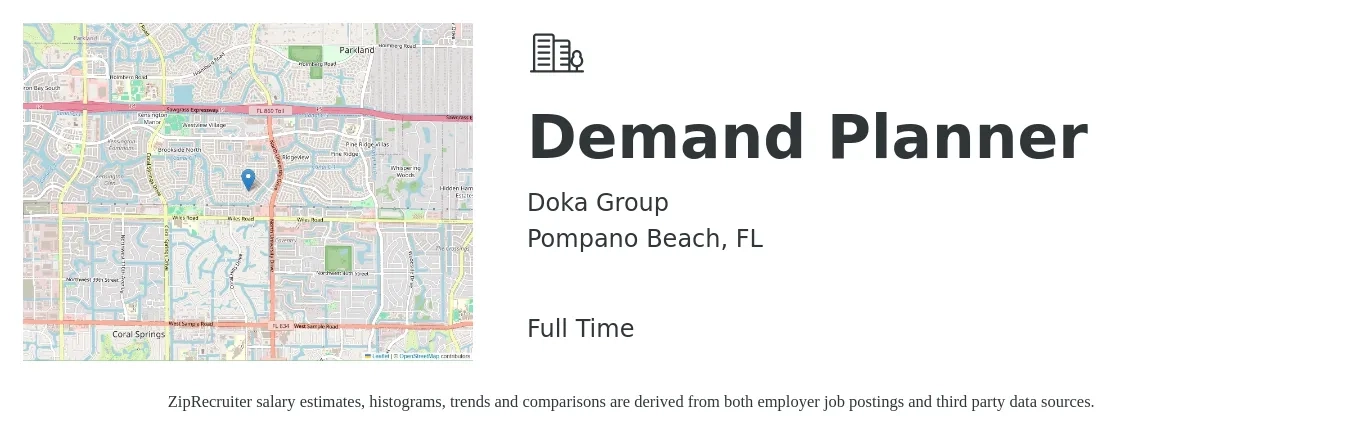 Doka Group job posting for a Demand Planner in Pompano Beach, FL with a salary of $60,900 to $90,000 Yearly with a map of Pompano Beach location.