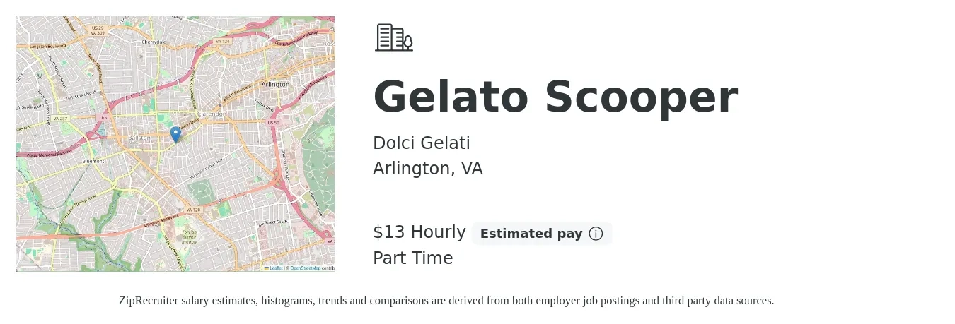 Dolci Gelati job posting for a Gelato Scooper in Arlington, VA with a salary of $14 Hourly (plus commission) with a map of Arlington location.