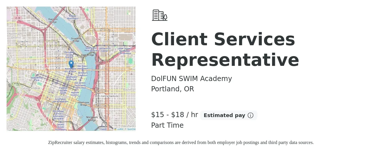 DolFUN SWIM Academy job posting for a Client Services Representative in Portland, OR with a salary of $16 to $20 Hourly with a map of Portland location.