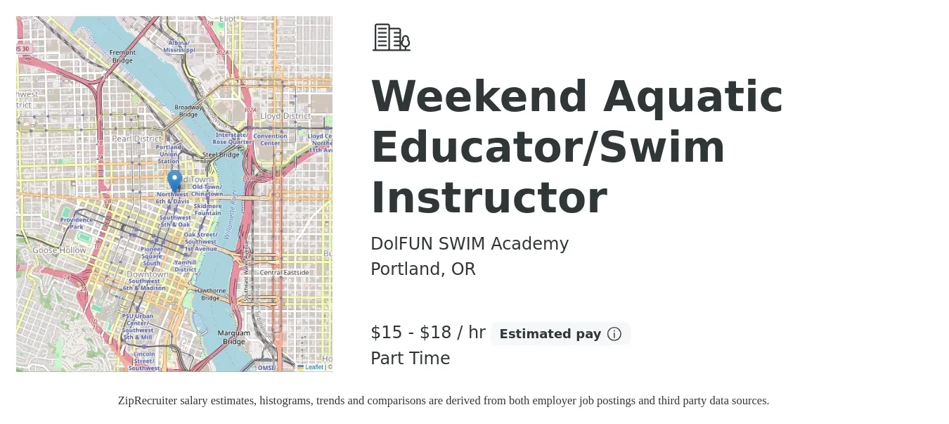 DolFUN SWIM Academy job posting for a Weekend Aquatic Educator/Swim Instructor in Portland, OR with a salary of $16 to $20 Hourly with a map of Portland location.