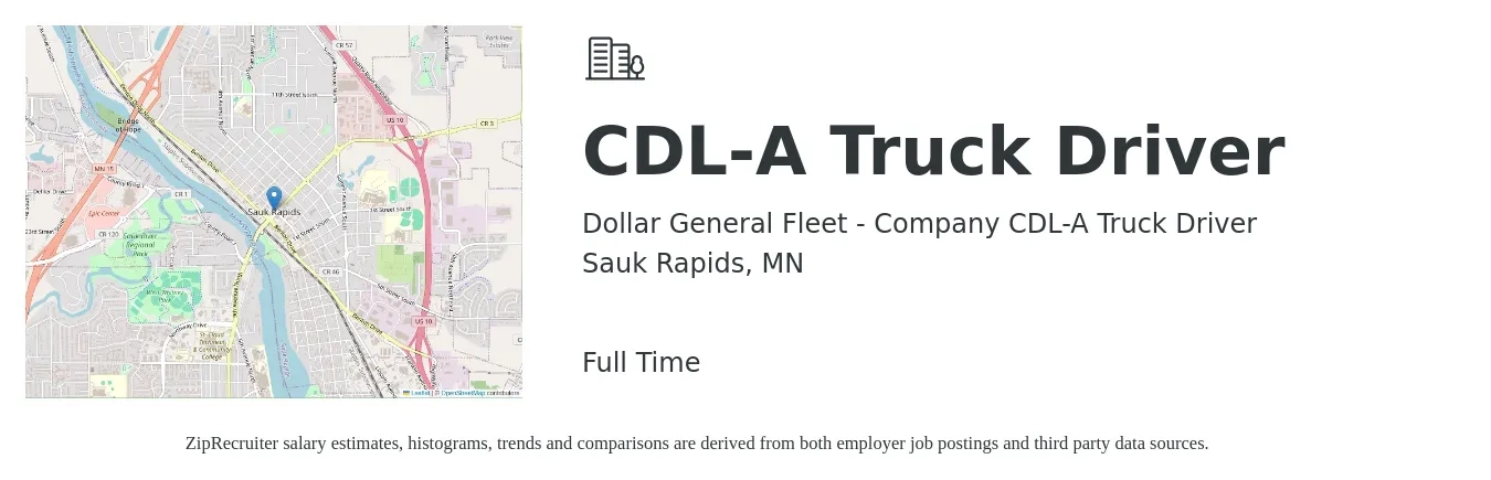 Dollar General Fleet - Company CDL-A Truck Driver job posting for a CDL-A Truck Driver in Sauk Rapids, MN with a salary of $100,000 Yearly with a map of Sauk Rapids location.