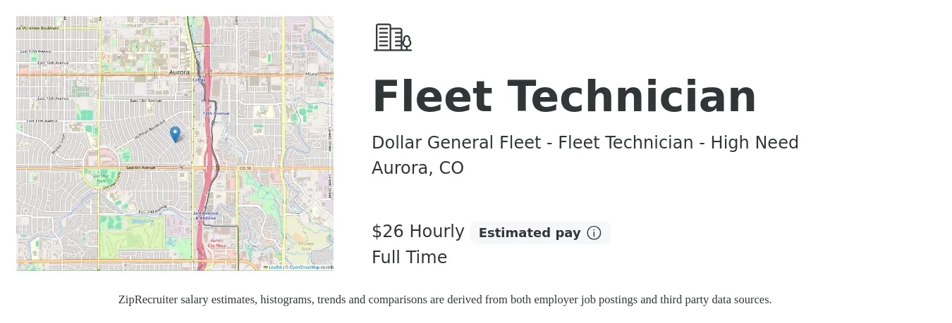 Dollar General Fleet - Fleet Technician - High Need job posting for a Fleet Technician in Aurora, CO with a salary of $28 Hourly with a map of Aurora location.