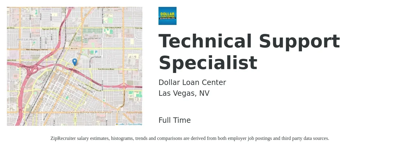 Dollar Loan Center job posting for a Technical Support Specialist in Las Vegas, NV with a salary of $20 to $30 Hourly with a map of Las Vegas location.