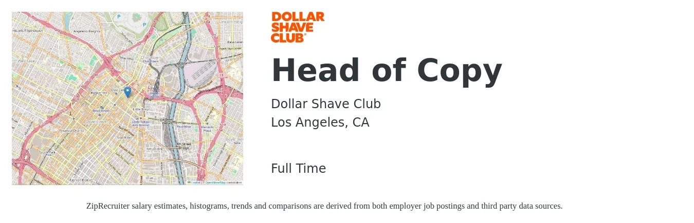 Dollar Shave Club job posting for a Head of Copy in Los Angeles, CA with a salary of $112,100 to $168,600 Yearly with a map of Los Angeles location.