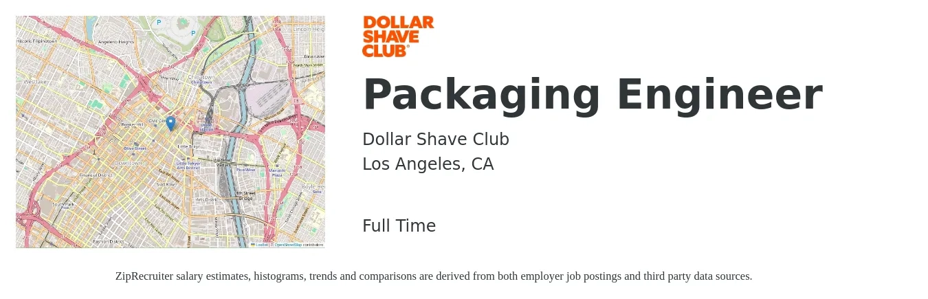 Dollar Shave Club job posting for a Packaging Engineer in Los Angeles, CA with a salary of $37 to $55 Hourly with a map of Los Angeles location.