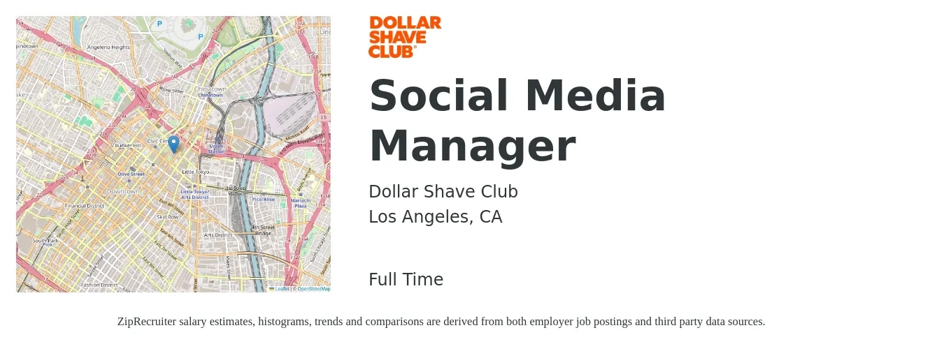 Dollar Shave Club job posting for a Social Media Manager in Los Angeles, CA with a salary of $51,200 to $82,400 Yearly with a map of Los Angeles location.
