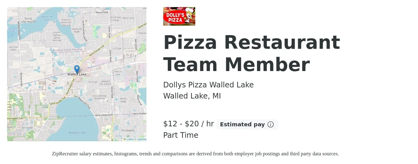 Dollys Pizza Walled Lake job posting for a Pizza Restaurant Team Member in Walled Lake, MI with a salary of $13 to $21 Hourly with a map of Walled Lake location.
