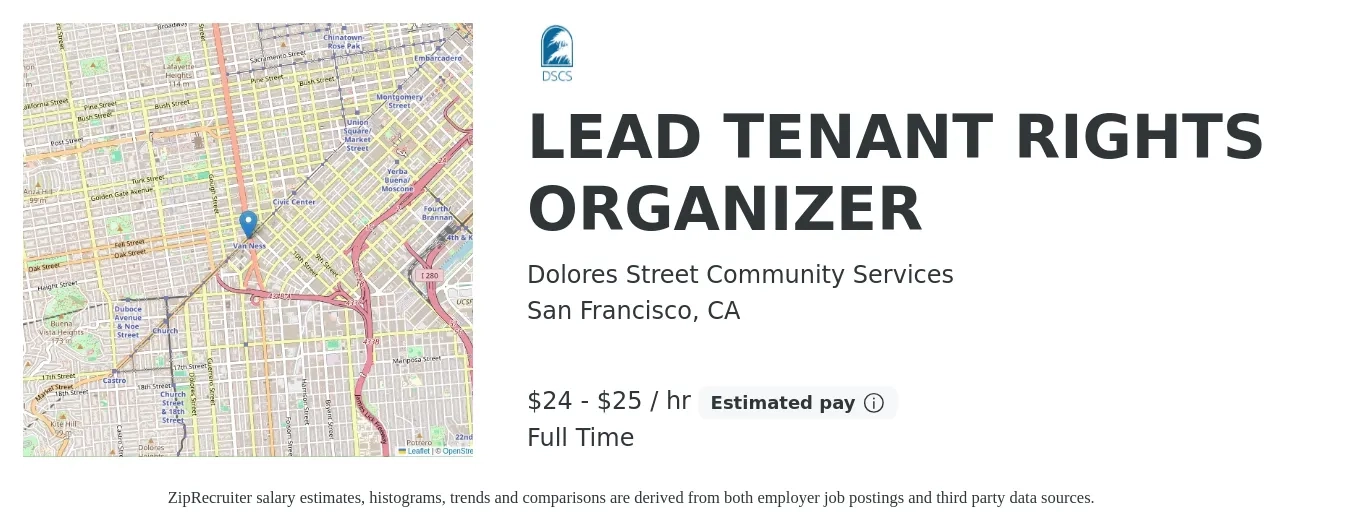 Dolores Street Community Services job posting for a LEAD TENANT RIGHTS ORGANIZER in San Francisco, CA with a salary of $25 to $27 Hourly with a map of San Francisco location.
