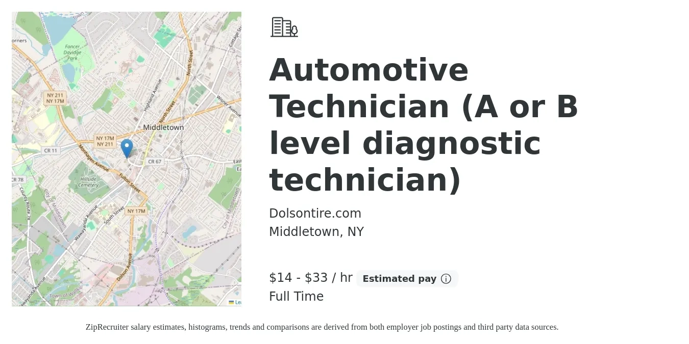 Dolsontire.com job posting for a Automotive Technician (A or B level diagnostic technician) in Middletown, NY with a salary of $15 to $35 Hourly with a map of Middletown location.