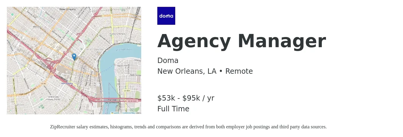 Doma job posting for a Agency Manager in New Orleans, LA with a salary of $53,000 to $95,000 Yearly with a map of New Orleans location.