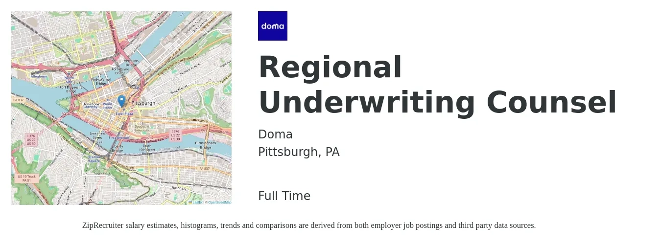 Doma job posting for a Regional Underwriting Counsel in Pittsburgh, PA with a salary of $19 to $26 Hourly with a map of Pittsburgh location.