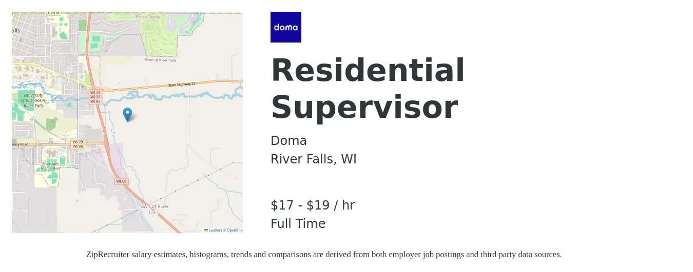 Doma job posting for a Residential Supervisor in River Falls, WI with a salary of $18 to $20 Hourly with a map of River Falls location.