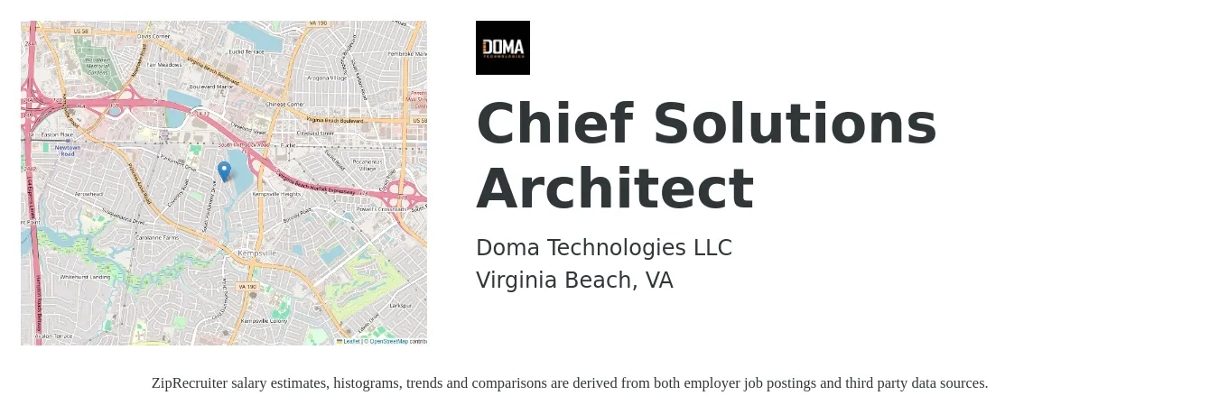 Doma Technologies job posting for a Chief Solutions Architect in Virginia Beach, VA with a salary of $142,400 to $185,100 Yearly with a map of Virginia Beach location.
