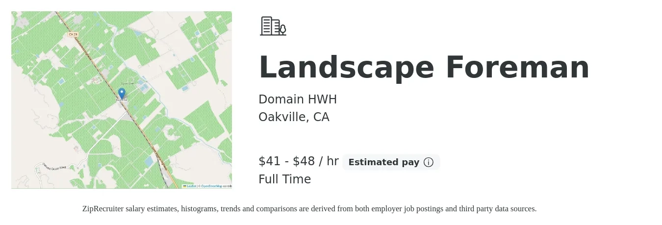 Domain HWH job posting for a Landscape Foreman in Oakville, CA with a salary of $43 to $50 Hourly with a map of Oakville location.