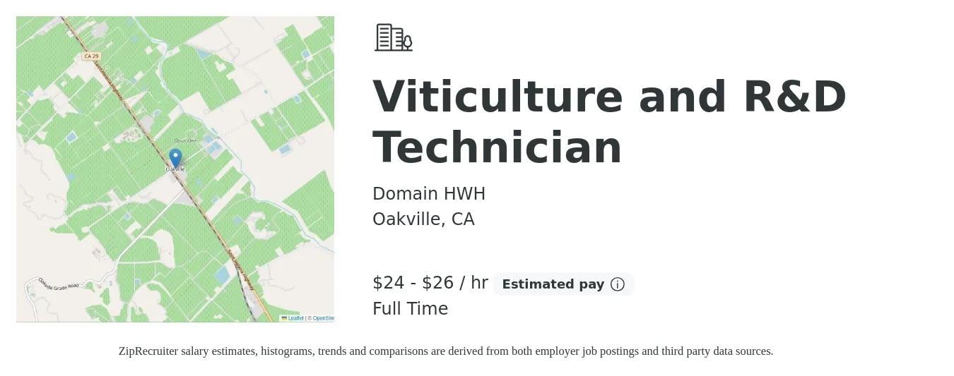 Domain HWH job posting for a Viticulture and R&D Technician in Oakville, CA with a salary of $25 to $28 Hourly with a map of Oakville location.