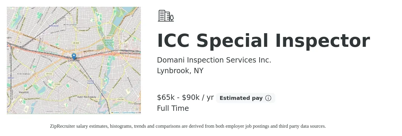 Domani Inspection Services Inc. job posting for a ICC Special Inspector in Lynbrook, NY with a salary of $65,000 to $90,000 Yearly with a map of Lynbrook location.