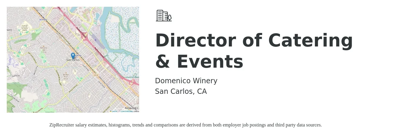 Domenico Winery job posting for a Director of Catering & Events in San Carlos, CA with a salary of $60,400 to $105,700 Yearly with a map of San Carlos location.