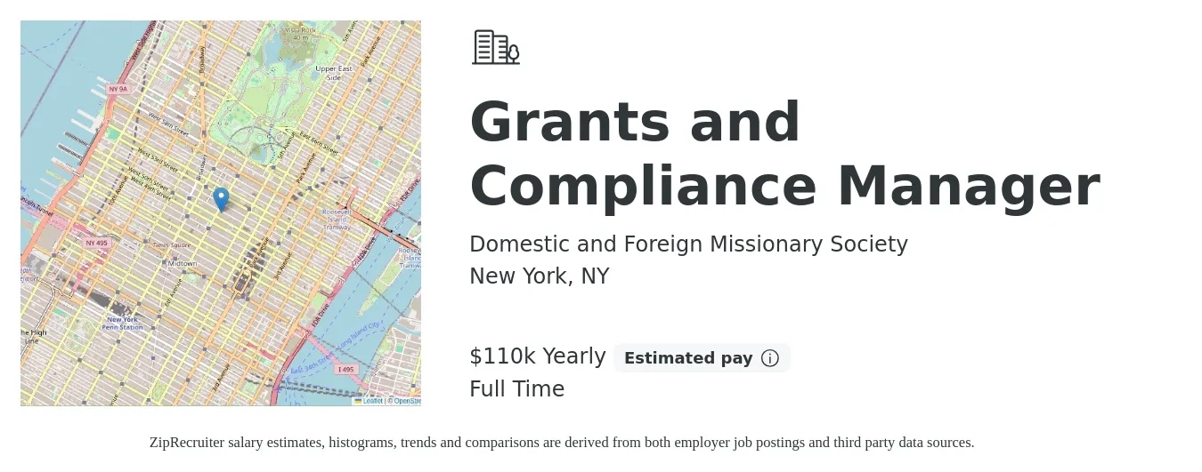 Domestic and Foreign Missionary Society job posting for a Grants and Compliance Manager in New York, NY with a salary of $110,000 Yearly with a map of New York location.