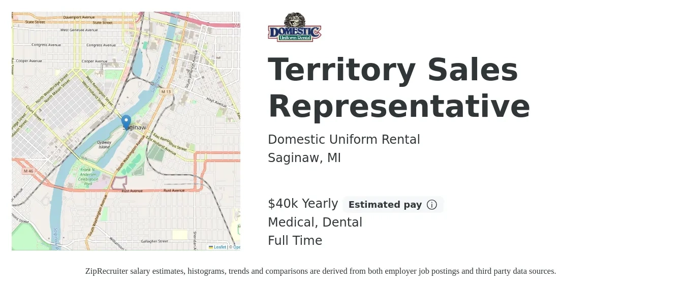 Domestic Uniform Rental job posting for a Territory Sales Representative in Saginaw, MI with a salary of $40,000 Yearly (plus commission) and benefits including dental, medical, and retirement with a map of Saginaw location.