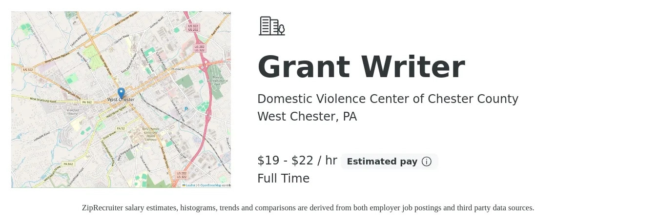 Domestic Violence Center of Chester County job posting for a Grant Writer in West Chester, PA with a salary of $20 to $23 Hourly with a map of West Chester location.