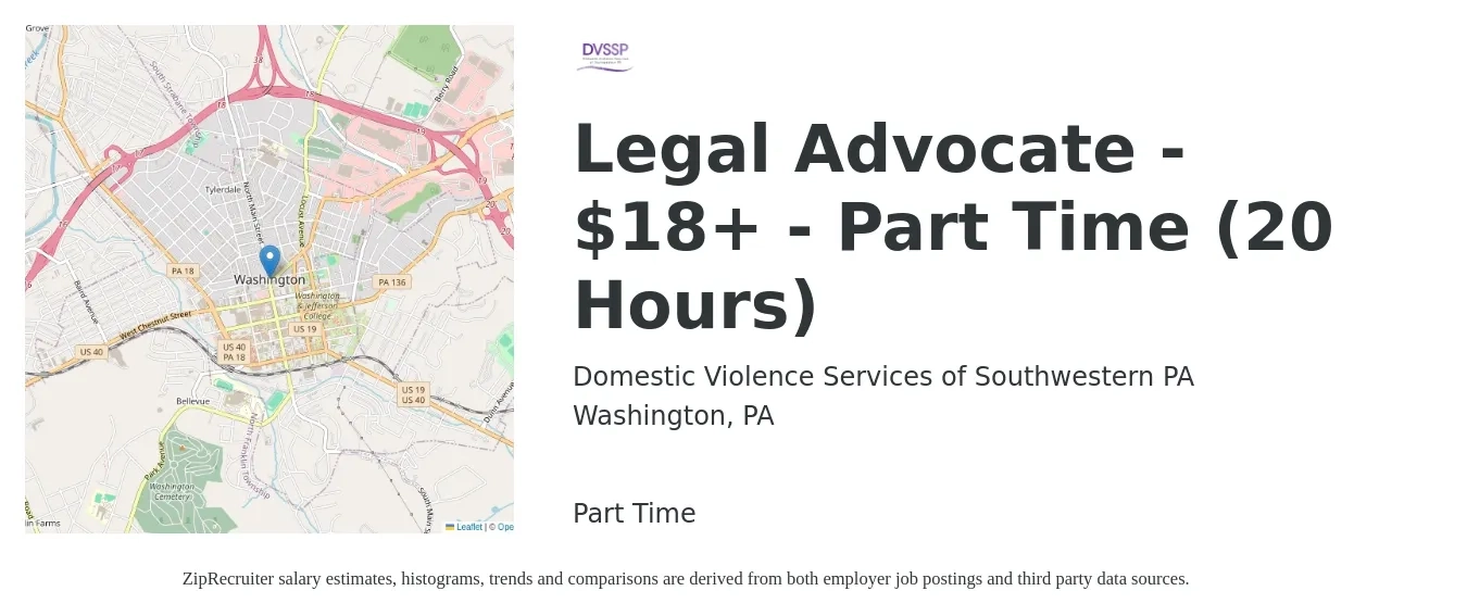 Domestic Violence Services of Southwestern PA job posting for a Legal Advocate - $18+ - Part Time (20 Hours) in Washington, PA with a salary of $18 Hourly with a map of Washington location.
