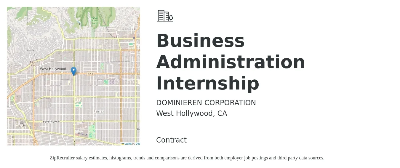 DOMINIEREN CORPORATION job posting for a Business Administration Internship in West Hollywood, CA with a salary of $36,100 to $42,800 Yearly with a map of West Hollywood location.