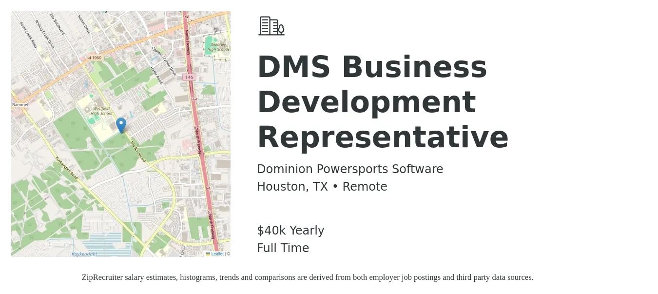 Dominion Powersports Software job posting for a DMS Business Development Representative in Houston, TX with a salary of $40,000 Yearly with a map of Houston location.
