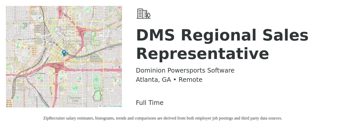 Dominion Powersports Software job posting for a DMS Regional Sales Representative in Atlanta, GA with a salary of $50,000 Yearly with a map of Atlanta location.