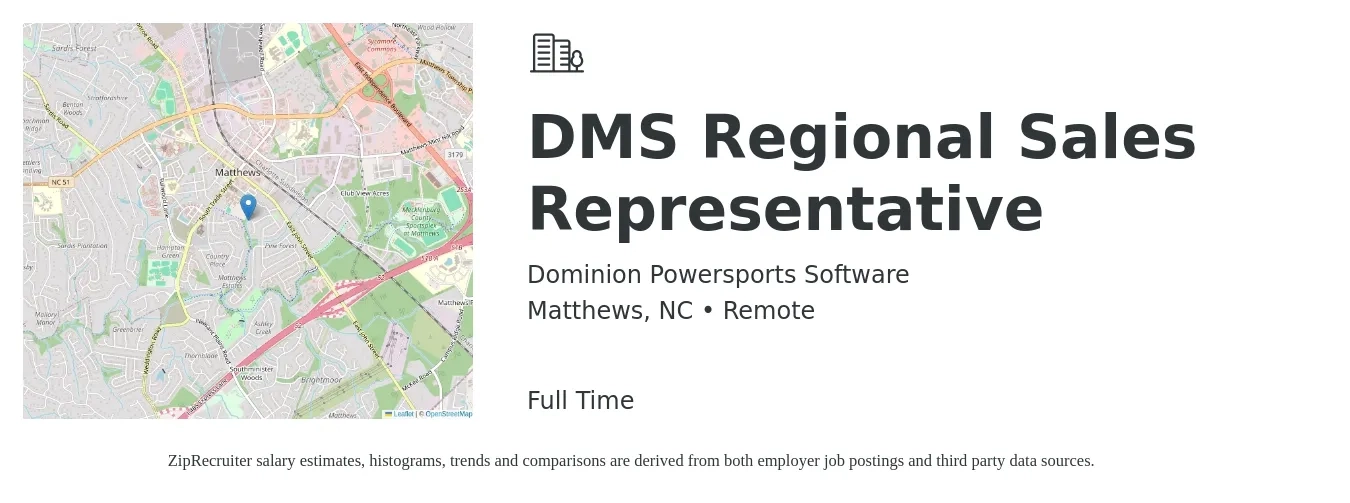 Dominion Powersports Software job posting for a DMS Regional Sales Representative in Matthews, NC with a salary of $50,000 Yearly with a map of Matthews location.