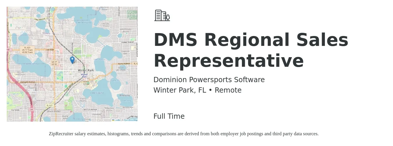 Dominion Powersports Software job posting for a DMS Regional Sales Representative in Winter Park, FL with a salary of $50,000 Yearly with a map of Winter Park location.