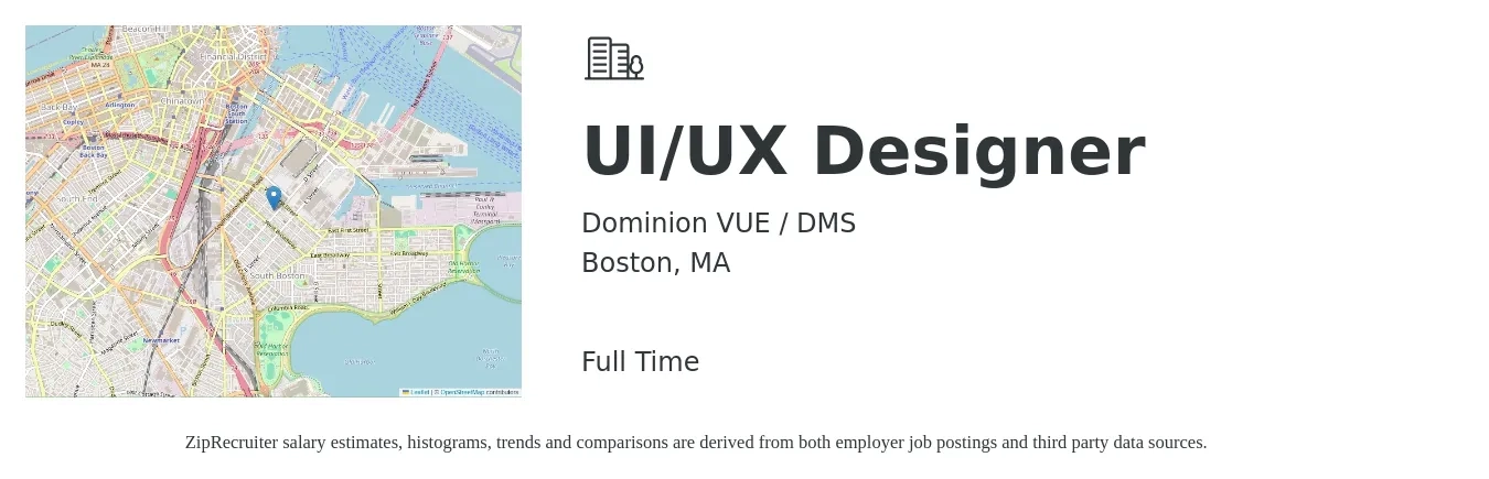 Dominion VUE / DMS job posting for a UI/UX Designer in Boston, MA with a salary of $83,000 to $85,000 Yearly with a map of Boston location.