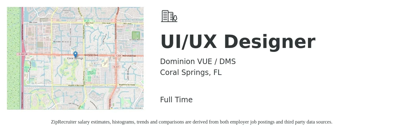 Dominion VUE / DMS job posting for a UI/UX Designer in Coral Springs, FL with a salary of $41 to $64 Hourly with a map of Coral Springs location.