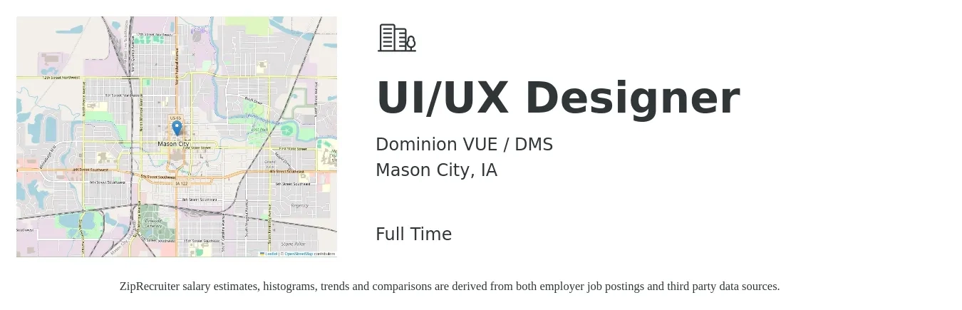 Dominion VUE / DMS job posting for a UI/UX Designer in Mason City, IA with a salary of $83,000 to $85,000 Yearly with a map of Mason City location.