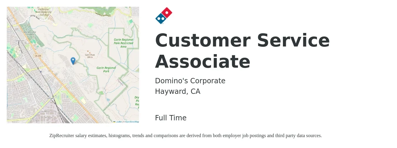 Domino's Corporate job posting for a Customer Service Associate in Hayward, CA with a salary of $20 Hourly with a map of Hayward location.