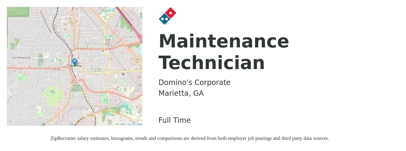 Domino's Corporate job posting for a Maintenance Technician in Marietta, GA with a salary of $18 to $24 Hourly with a map of Marietta location.
