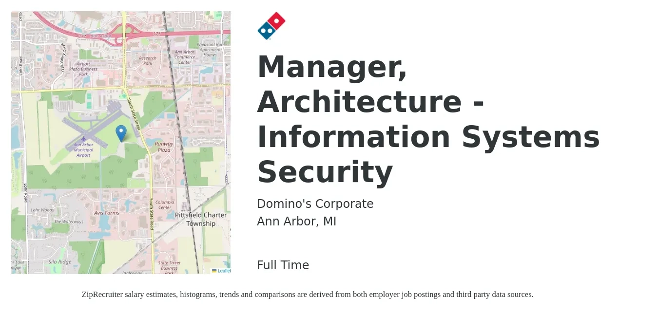 Domino's Corporate job posting for a Manager, Architecture - Information Systems Security in Ann Arbor, MI with a salary of $108,100 to $157,000 Yearly with a map of Ann Arbor location.