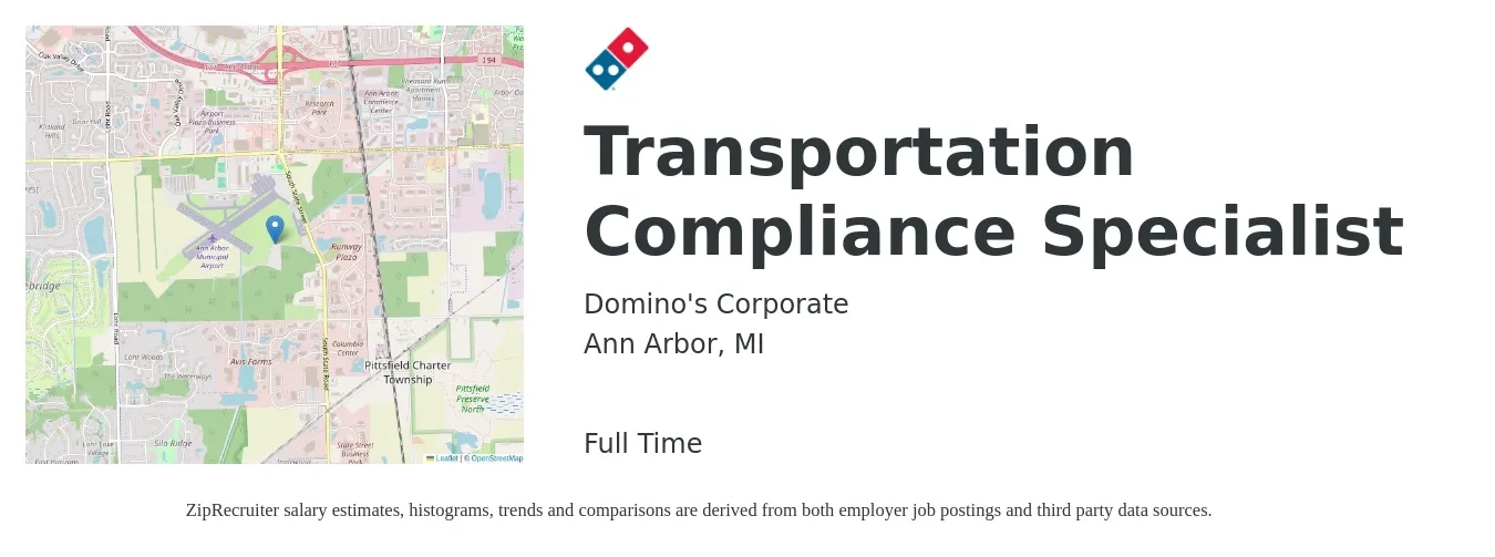 Domino's Corporate job posting for a Transportation Compliance Specialist in Ann Arbor, MI with a salary of $22 to $29 Hourly with a map of Ann Arbor location.