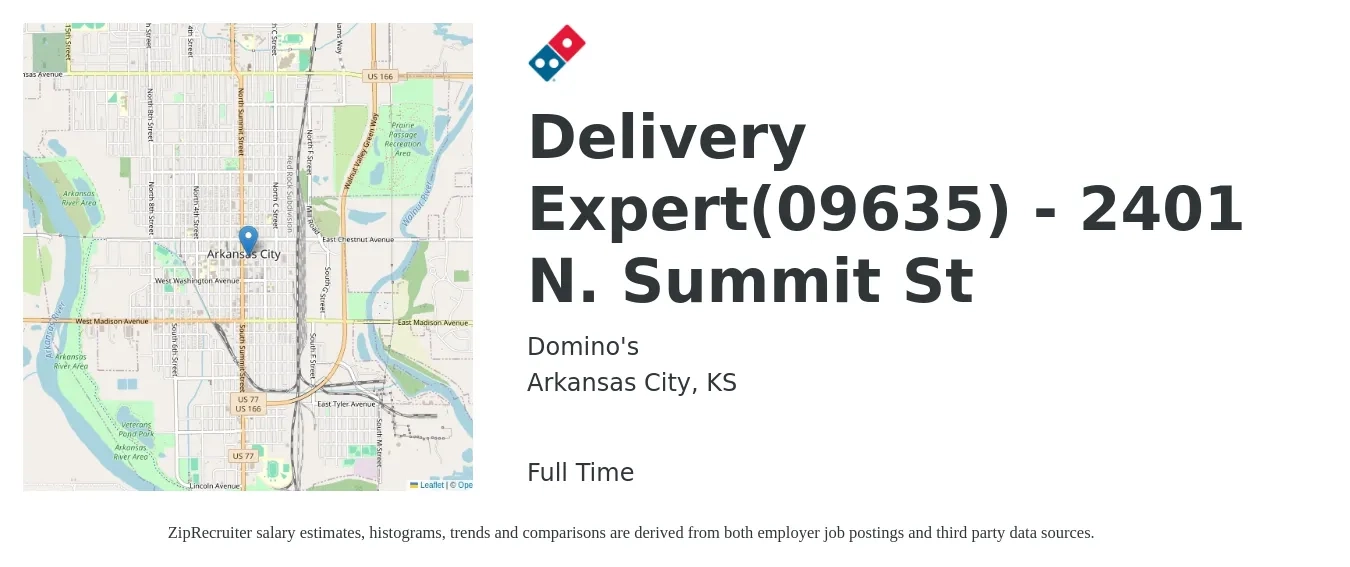 Domino's job posting for a Delivery Expert(09635) - 2401 N. Summit St in Arkansas City, KS with a salary of $14 to $16 Hourly with a map of Arkansas City location.