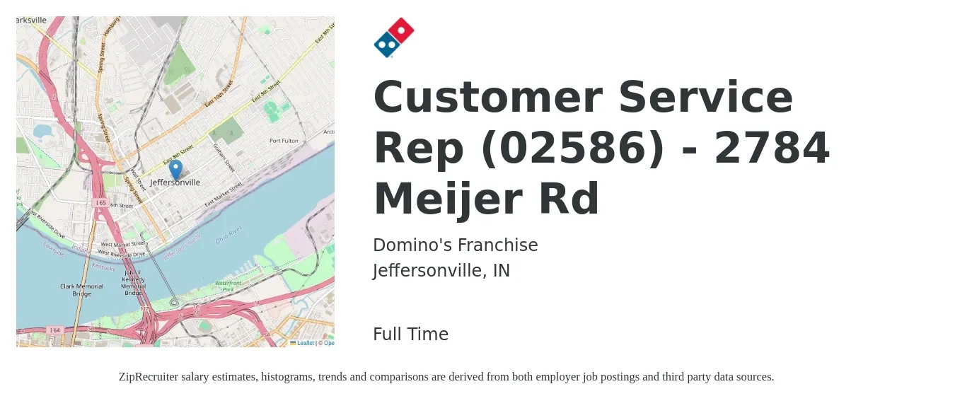 Domino's Franchise job posting for a Customer Service Rep (02586) - 2784 Meijer Rd in Jeffersonville, IN with a salary of $15 to $21 Hourly with a map of Jeffersonville location.