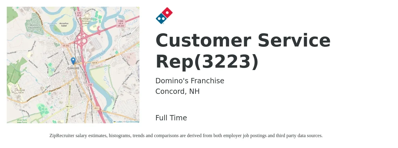 Domino's Franchise job posting for a Customer Service Rep(3223) in Concord, NH with a salary of $17 to $23 Hourly with a map of Concord location.