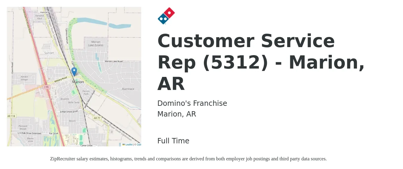 Domino's Franchise job posting for a Customer Service Rep (5312) - Marion, AR in Marion, AR with a salary of $14 to $19 Hourly with a map of Marion location.
