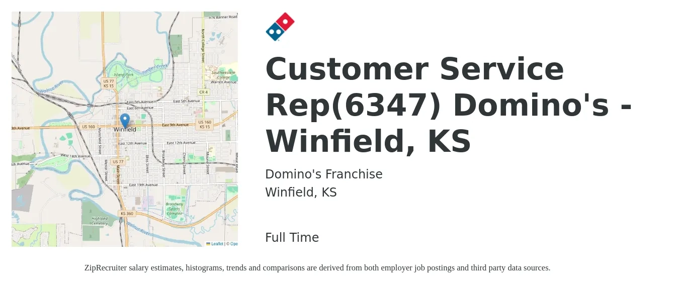 Domino's Franchise job posting for a Customer Service Rep(6347) Domino's - Winfield, KS in Winfield, KS with a salary of $13 to $18 Hourly with a map of Winfield location.