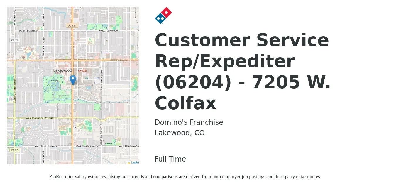 Domino's Franchise job posting for a Customer Service Rep/Expediter (06204) - 7205 W. Colfax in Lakewood, CO with a salary of $16 to $22 Hourly with a map of Lakewood location.
