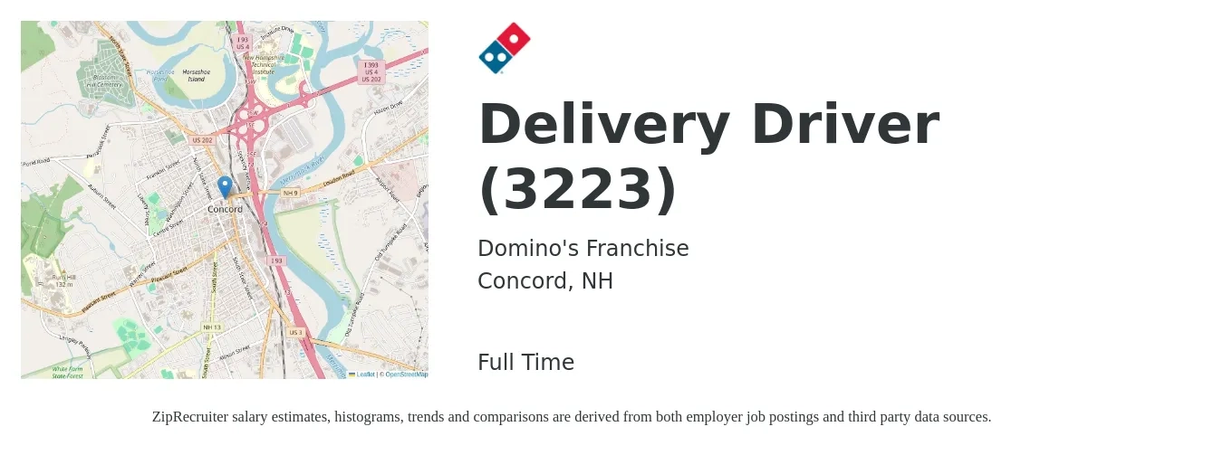 Domino's Franchise job posting for a Delivery Driver (3223) in Concord, NH with a salary of $18 to $22 Hourly with a map of Concord location.