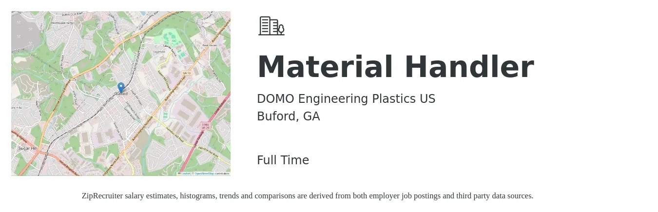 DOMO Engineering Plastics US job posting for a Material Handler in Buford, GA with a salary of $17 to $18 Hourly with a map of Buford location.