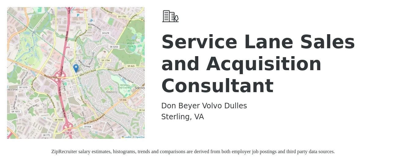 Don Beyer Volvo Dulles job posting for a Service Lane Sales and Acquisition Consultant in Sterling, VA with a salary of $17 to $30 Hourly with a map of Sterling location.