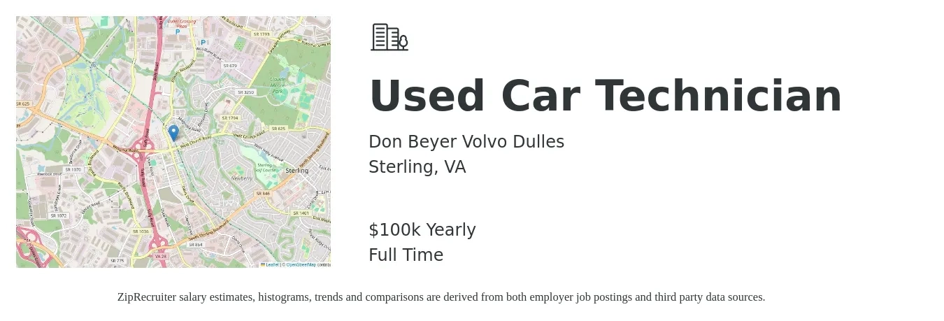 Don Beyer Volvo Dulles job posting for a Used Car Technician in Sterling, VA with a salary of $100,000 Yearly with a map of Sterling location.