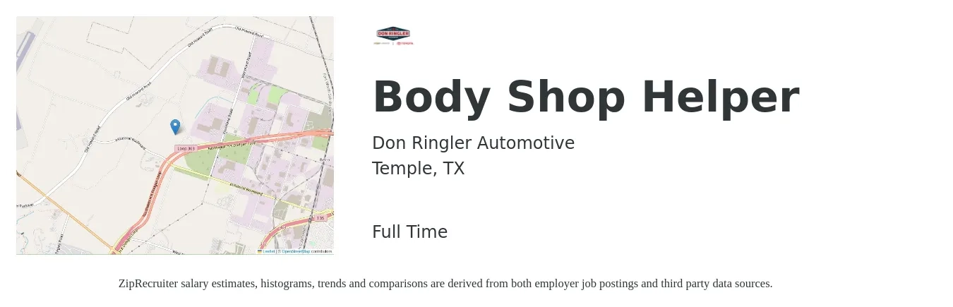 Don Ringler Automotive job posting for a Body Shop Helper in Temple, TX with a salary of $17 to $35 Hourly with a map of Temple location.