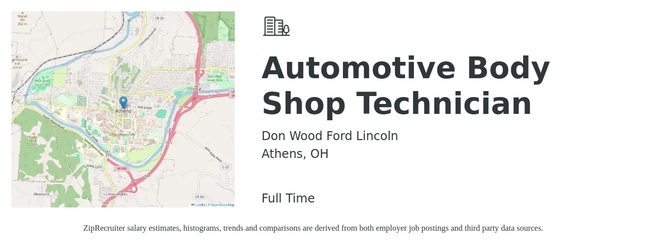 Don Wood Ford Lincoln job posting for a Automotive Body Shop Technician in Athens, OH with a salary of $16 to $26 Hourly with a map of Athens location.